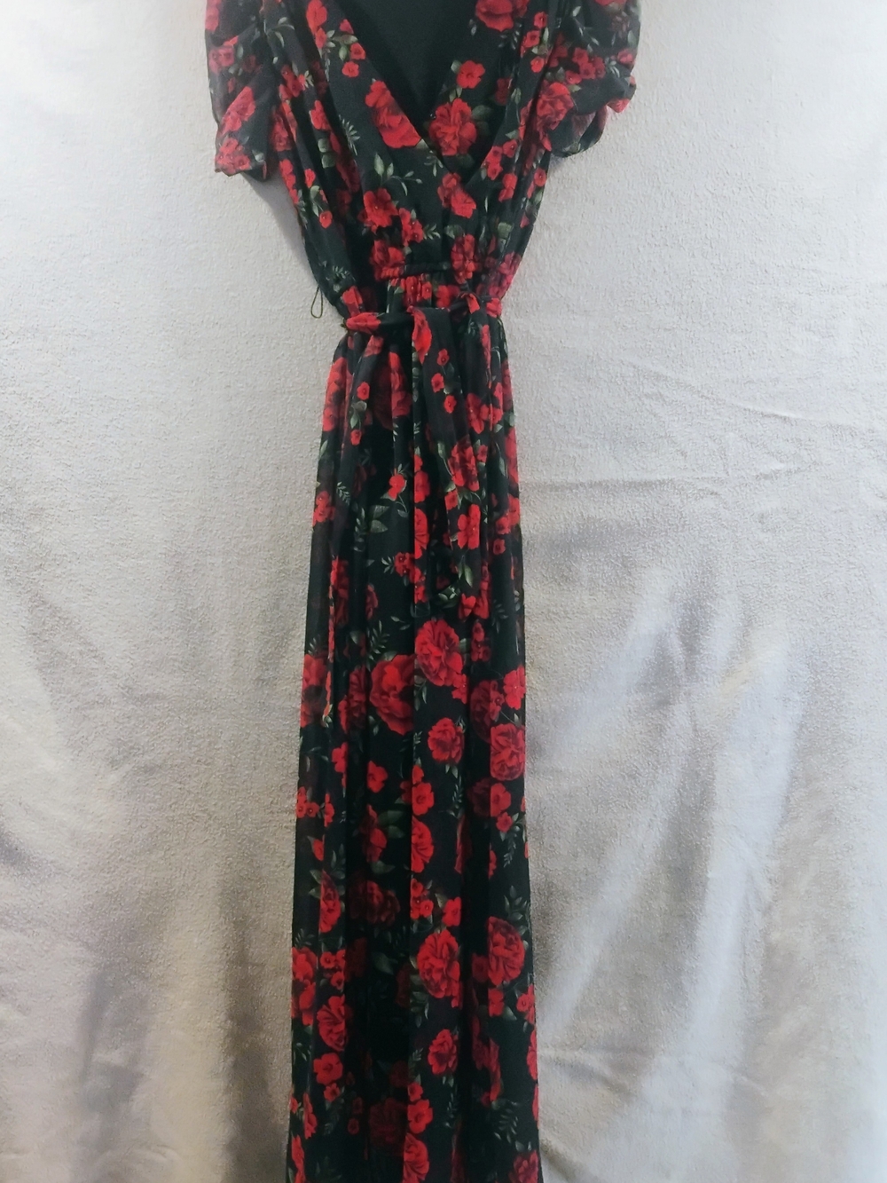 Black Floral Wrap Maxi Dress with Red Rose Print